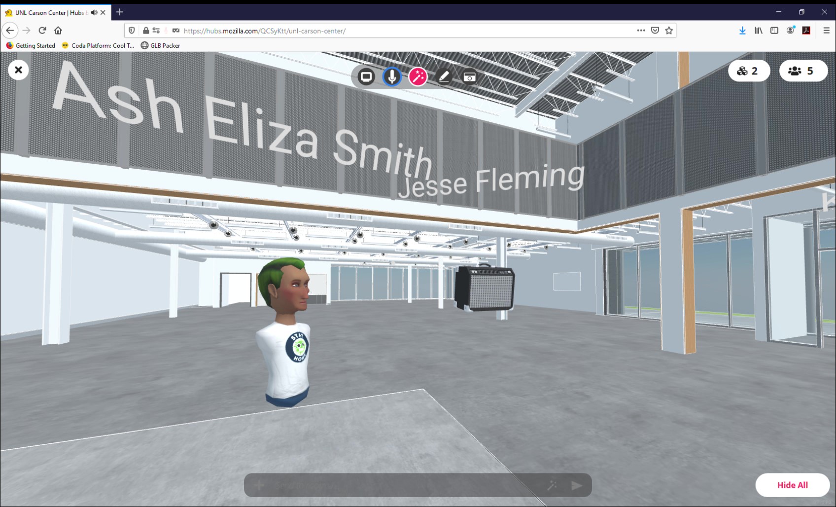  Professors of Emerging Media Arts Ash Eliza Smith and Jesse Fleming meet inside the virtual Carson Center in Mozilla Hubs.